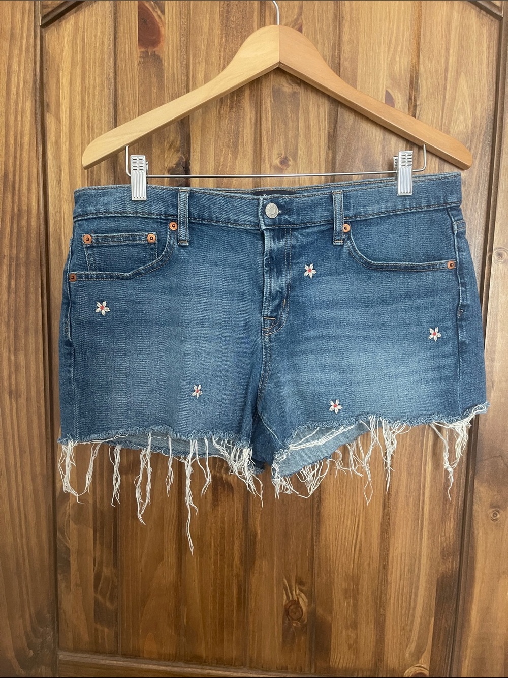 GAP Distressed Mid-Rise Denim Shorts with Embroidered Flowers - Blue